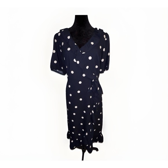 LOFT Polka Dot Ruffle V-Neck Midi Navy Blue & White Dress Women's Size 8 Petite - Picture 1 of 5